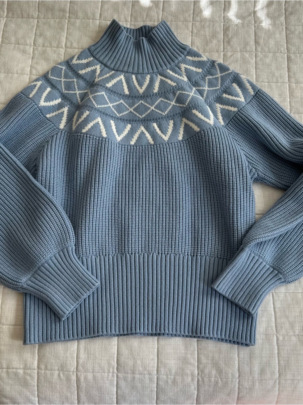 NWOT Varley Marcie Fair Isle Yoke Knit Mock Neck Sweater - Light Blue - Picture 2 of 7